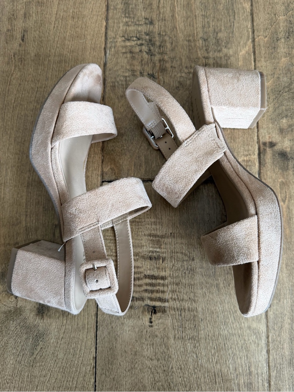 Anne Klein Block Heel Sandals in Light Beige - Suede Strappy Heels